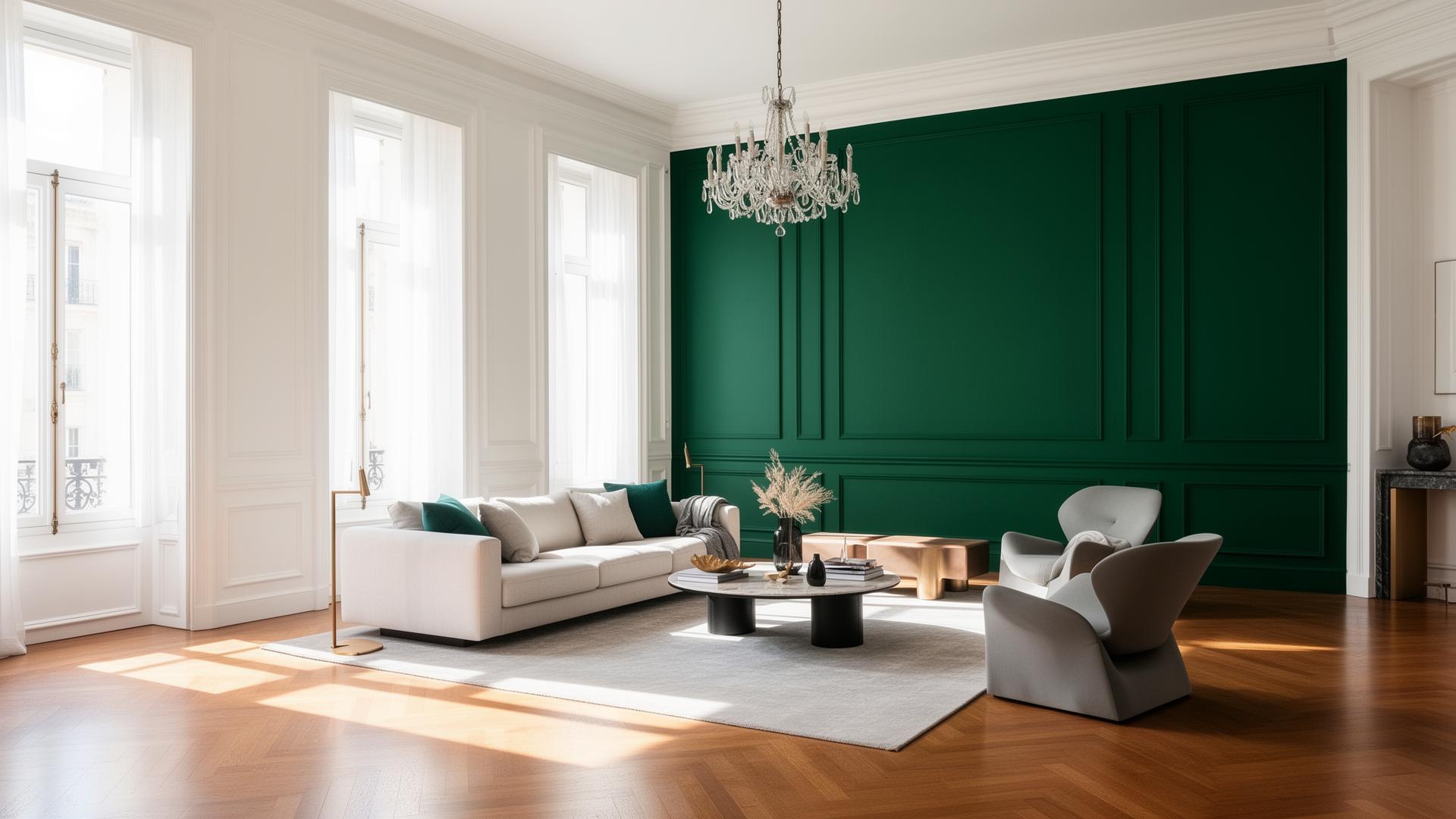 Beautifully decorated period living room with deep green feature wall